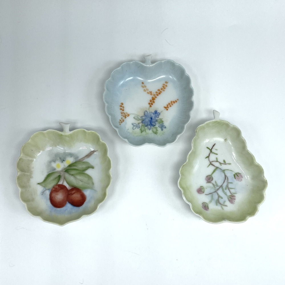 3 Vintage Hand Painted Trinket Dishes Apple & Pear Floral Cottagecore Farmhouse